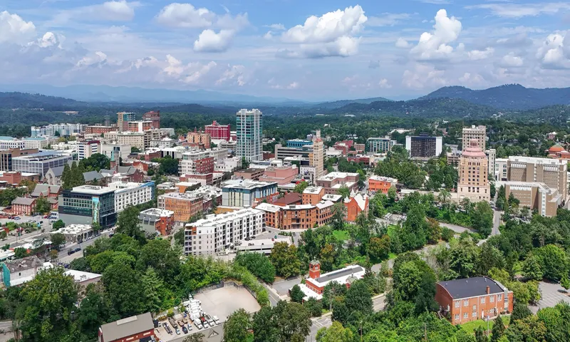 Aerial view of downtown Asheville, North Carolina, a city of 94,589 residents in the Blue Ridge Mountains of western North Carolina.