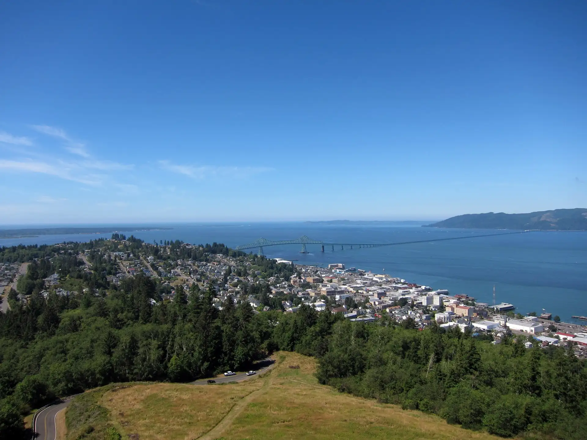 View of Astoria, the Astoria–Megler Bridge, and the mouth of the Columbia River from atop the Astoria Column