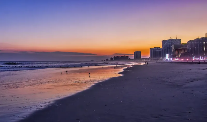 A sunset view of the beach in Atlantic City, NJ