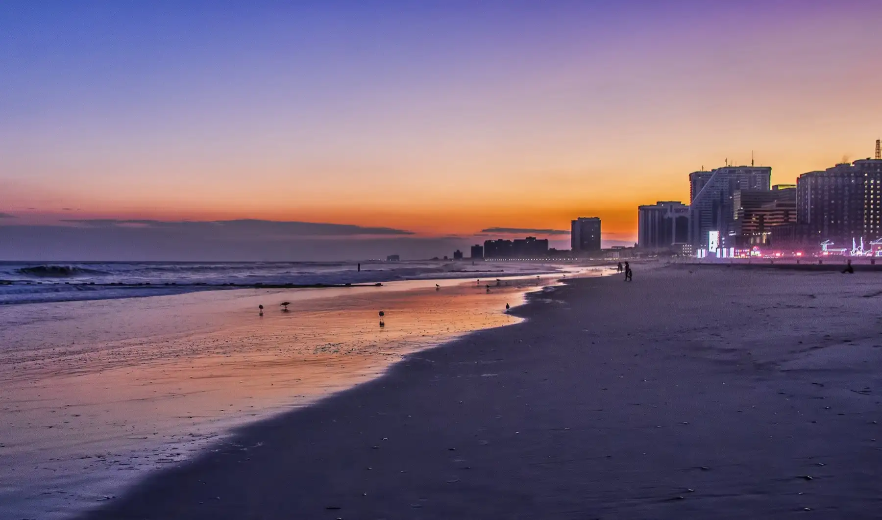 A sunset view of the beach in Atlantic City, NJ