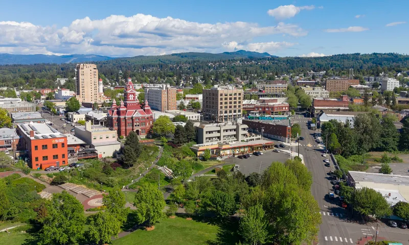 The skyline of downtown Bellingham, Washington (pop. 91,482), the county seat of Whatcom County.