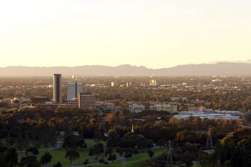 The Burbank media district, view from Griffith Park, with Forest Lawn Memorial Park in the foreground.