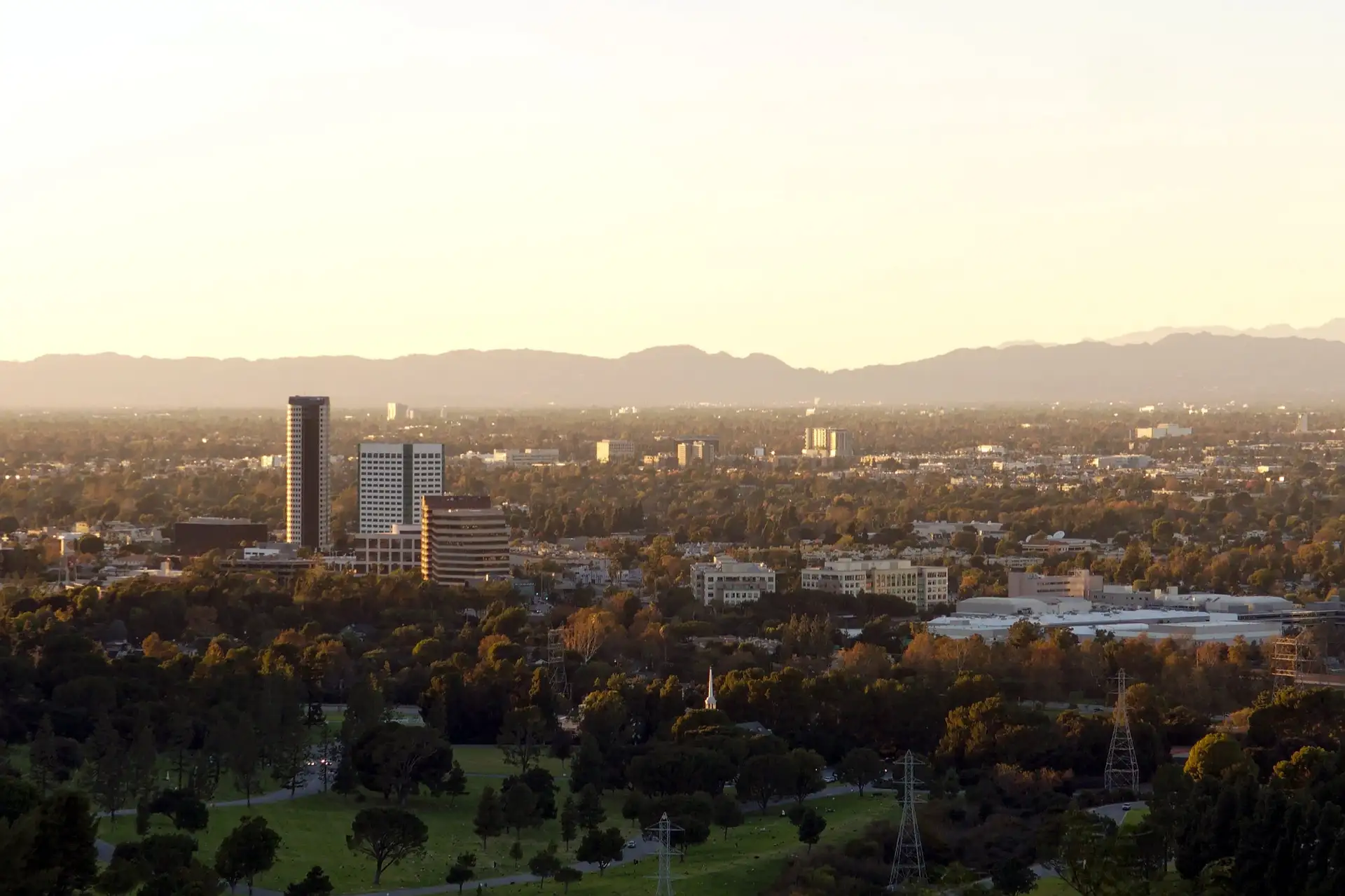 The Burbank media district, view from Griffith Park, with Forest Lawn Memorial Park in the foreground.