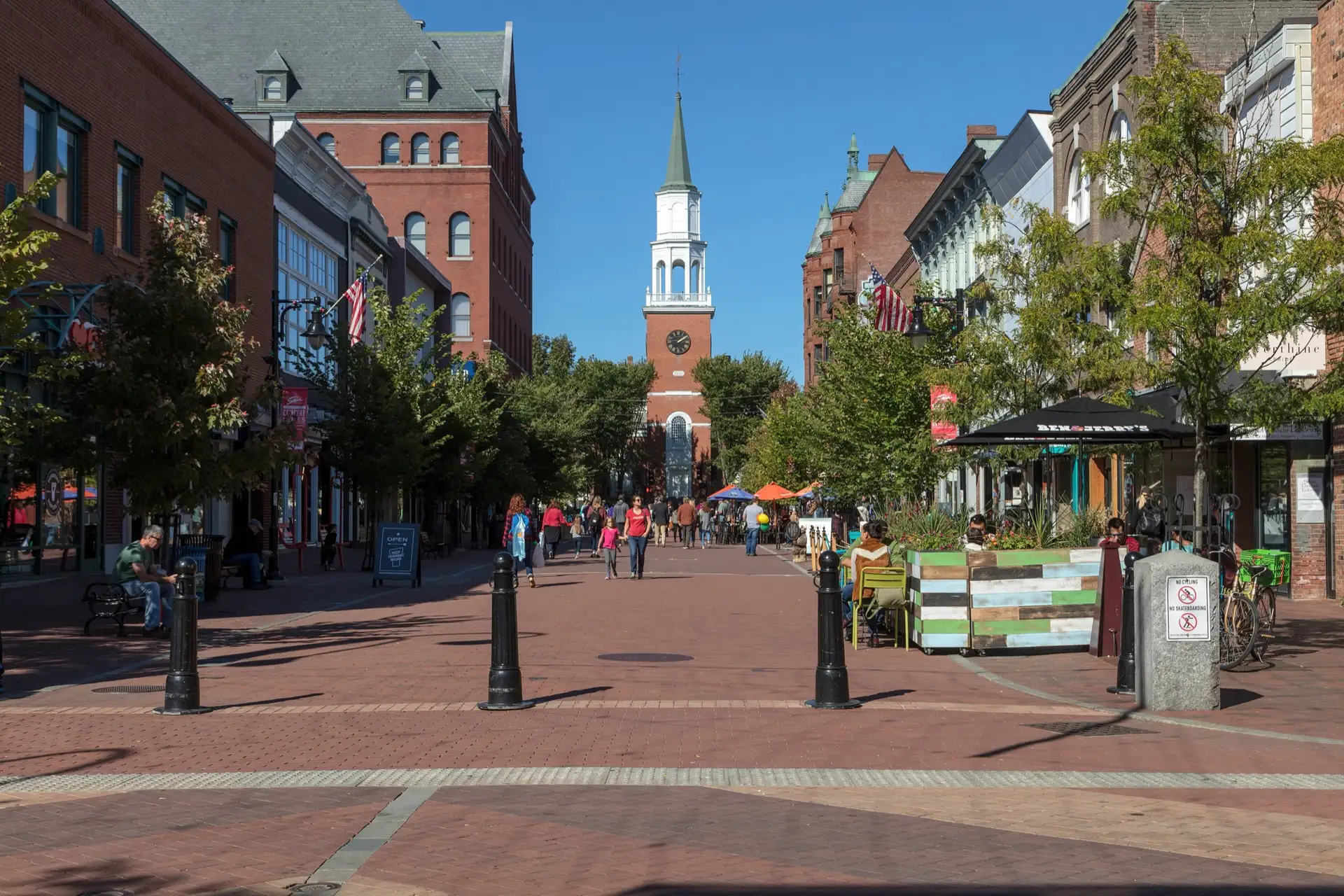 View of Church Street, a blocks-long pedestrians-only shopping and entertainment street in downtown Burlington, Vermont.