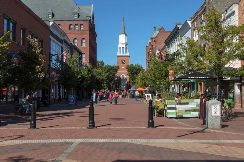 View of Church Street, a blocks-long pedestrians-only shopping and entertainment street in downtown Burlington, Vermont.