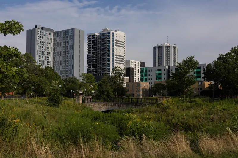Campustown's skyline seen from Scott Park in Champaign, Illinois. Picture taken in 2024.