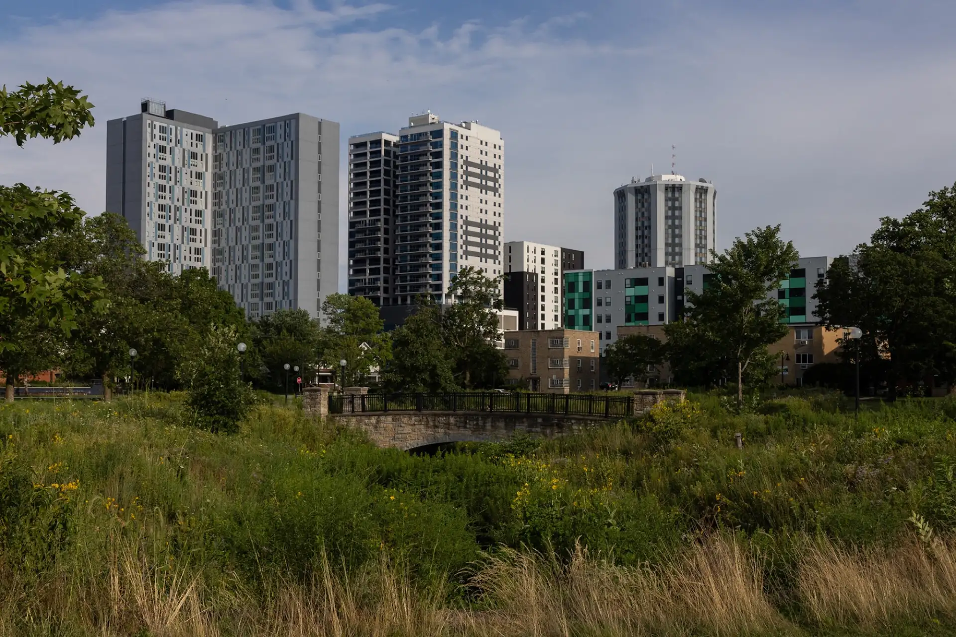 Campustown's skyline seen from Scott Park in Champaign, Illinois. Picture taken in 2024.