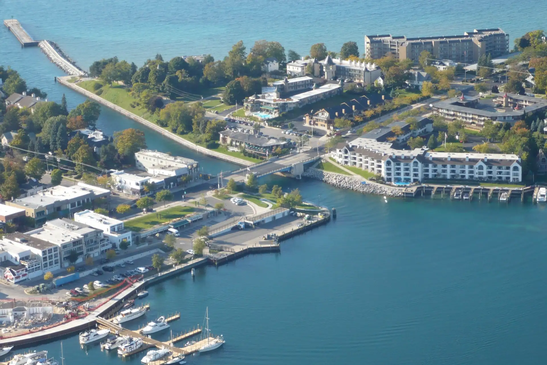 Charlevoix, between Lake Michigan and Lake Charlevoix. The drawbridge is along US 31.