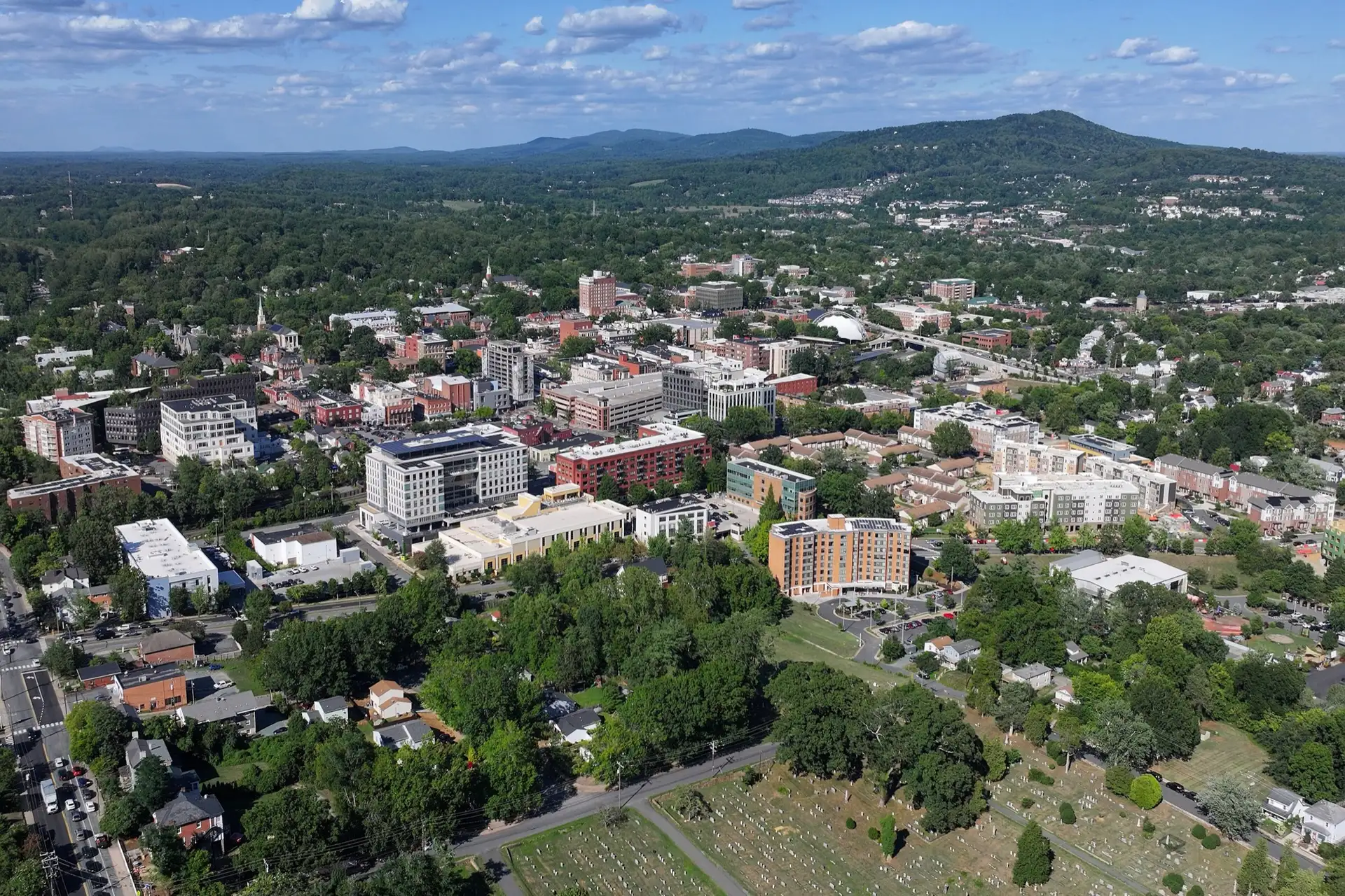 Aerial view of downtown Charlottesville, Virginia (pop. 46,553).