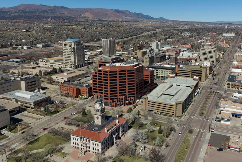 Skyline of downtown Colorado Springs, Colorado, March 2026.
