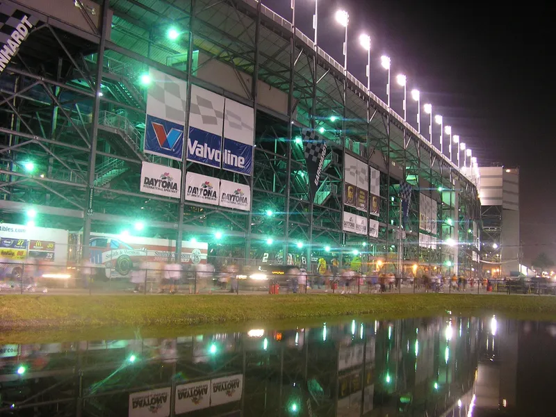 Exterior of the Main Entrance of the Daytona International Speedway at night, taken on 30 June, 2005.