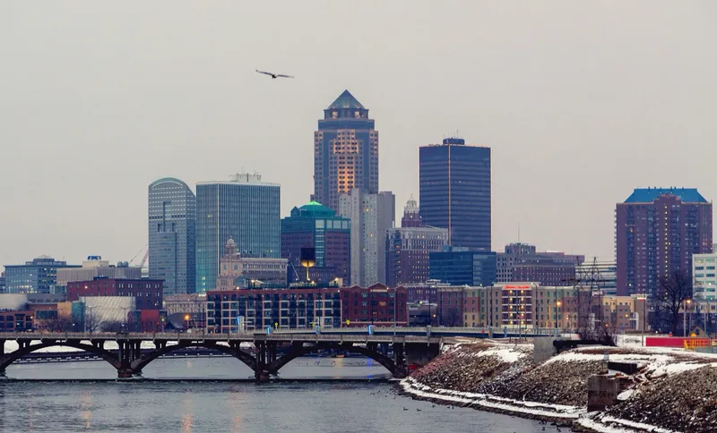 The Des Moines River leading to the Des Moines, Iowa skyline, as viewed from the SE 6th Street bridge.