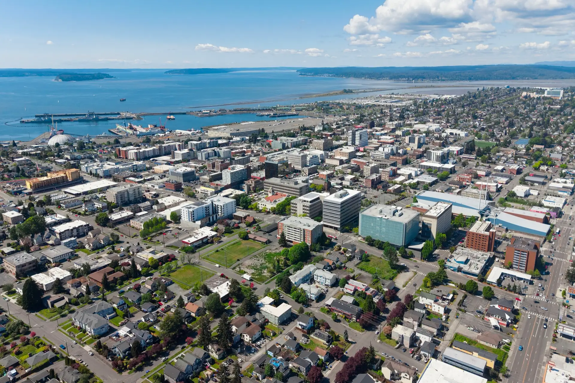 Aerial view of downtown Everett, Washington, the county seat and most populous city in Snohomish County.