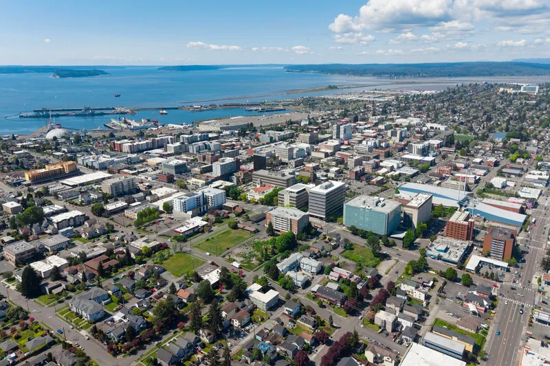 Aerial view of downtown Everett, Washington, the county seat and most populous city in Snohomish County.