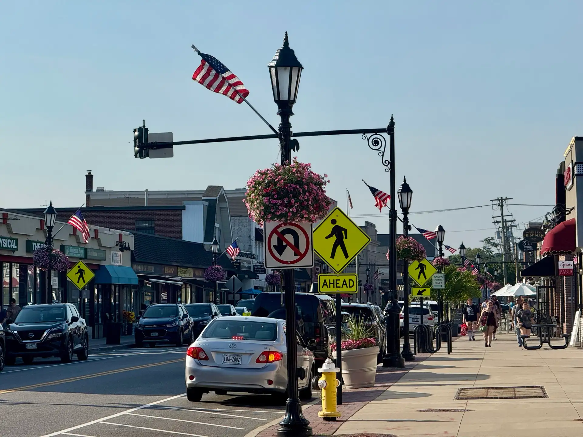 Main Street in the Village of Farmingdale, NY on July 5, 2025, looking north from its intersection with Prospect Street.