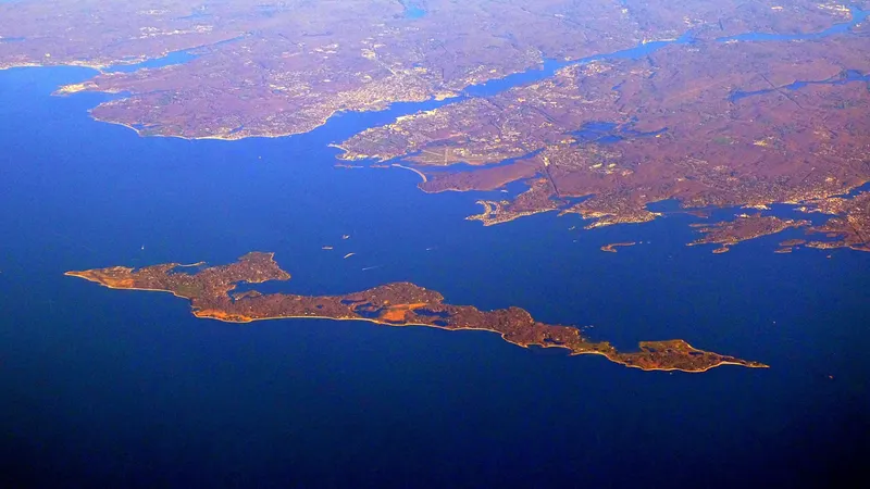 Aerial view of Fisher's Island, NY with the Connecticut coast in the background, April 2024