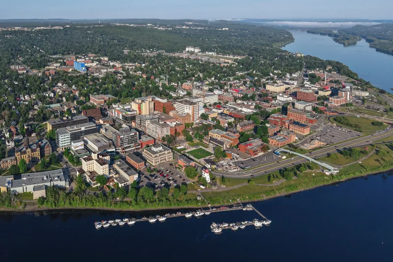 Aerial view of downtown Fredericton, New Brunswick (pop. 125,303).