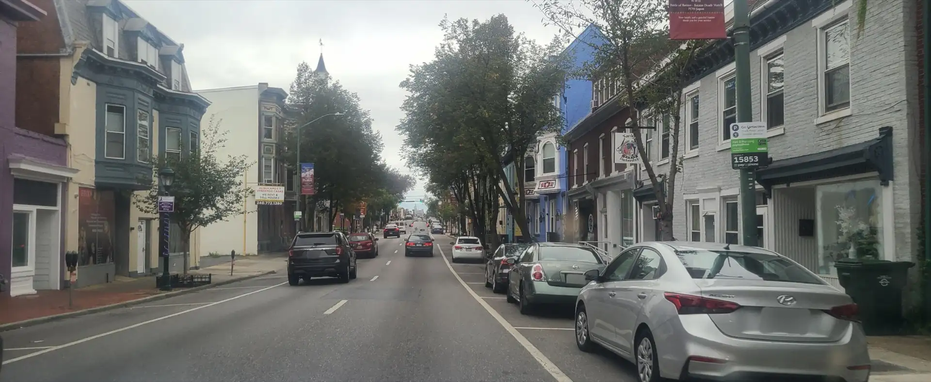 Downtown Hagerstown, Maryland looking west on Franklin Street. Image slightly edited to crop out hood of vehicle and blur license plates.