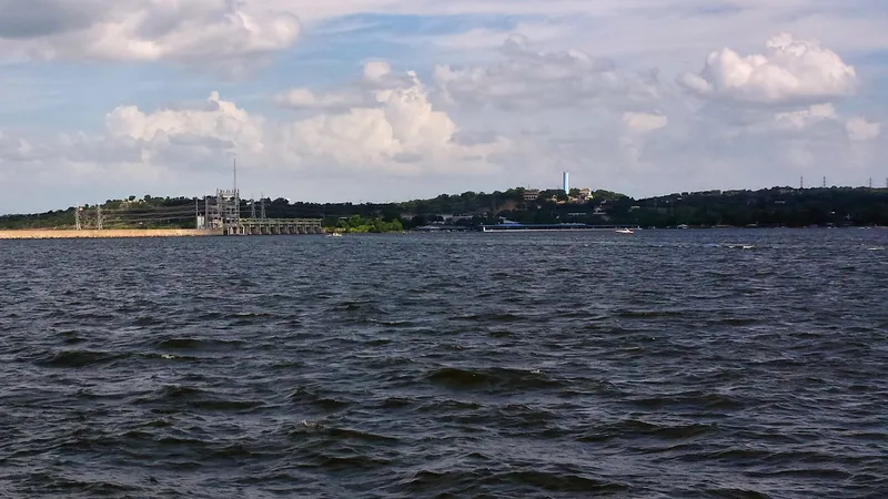 Lake Lyndon B. Johnson above Wirtz Dam as seen from Sunset Point RV Park west of Marble Falls, Texas, United States.