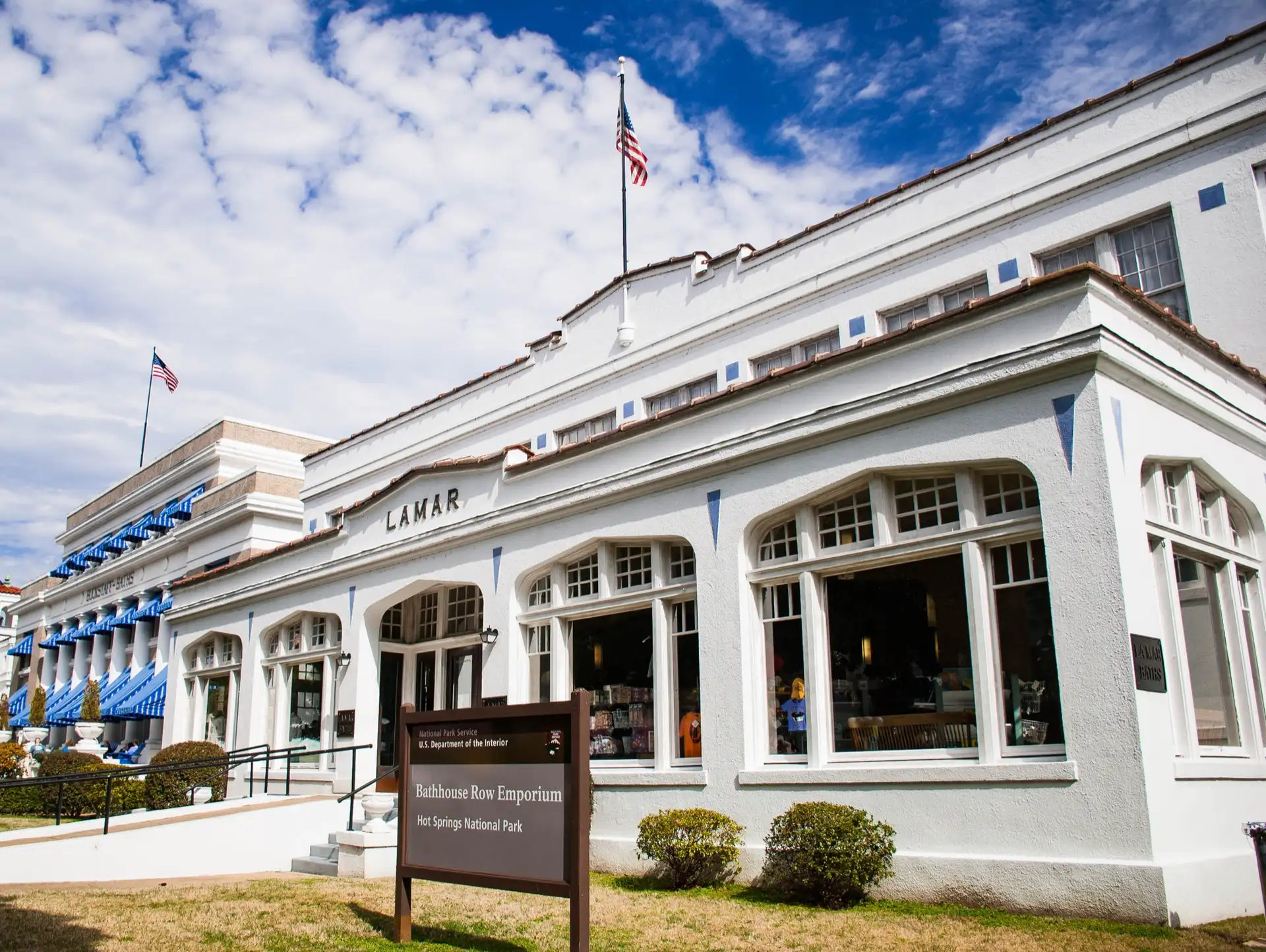View from the sidewalk along Bathhouse Row in Hot Springs, Arkansas on February 17, 2017. National Register of Historic Places, 74000275.