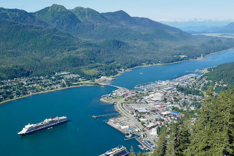 MS Queen Elizabeth in Juneau, Alaska on 15 August 2024. Downtown Juneau at right.