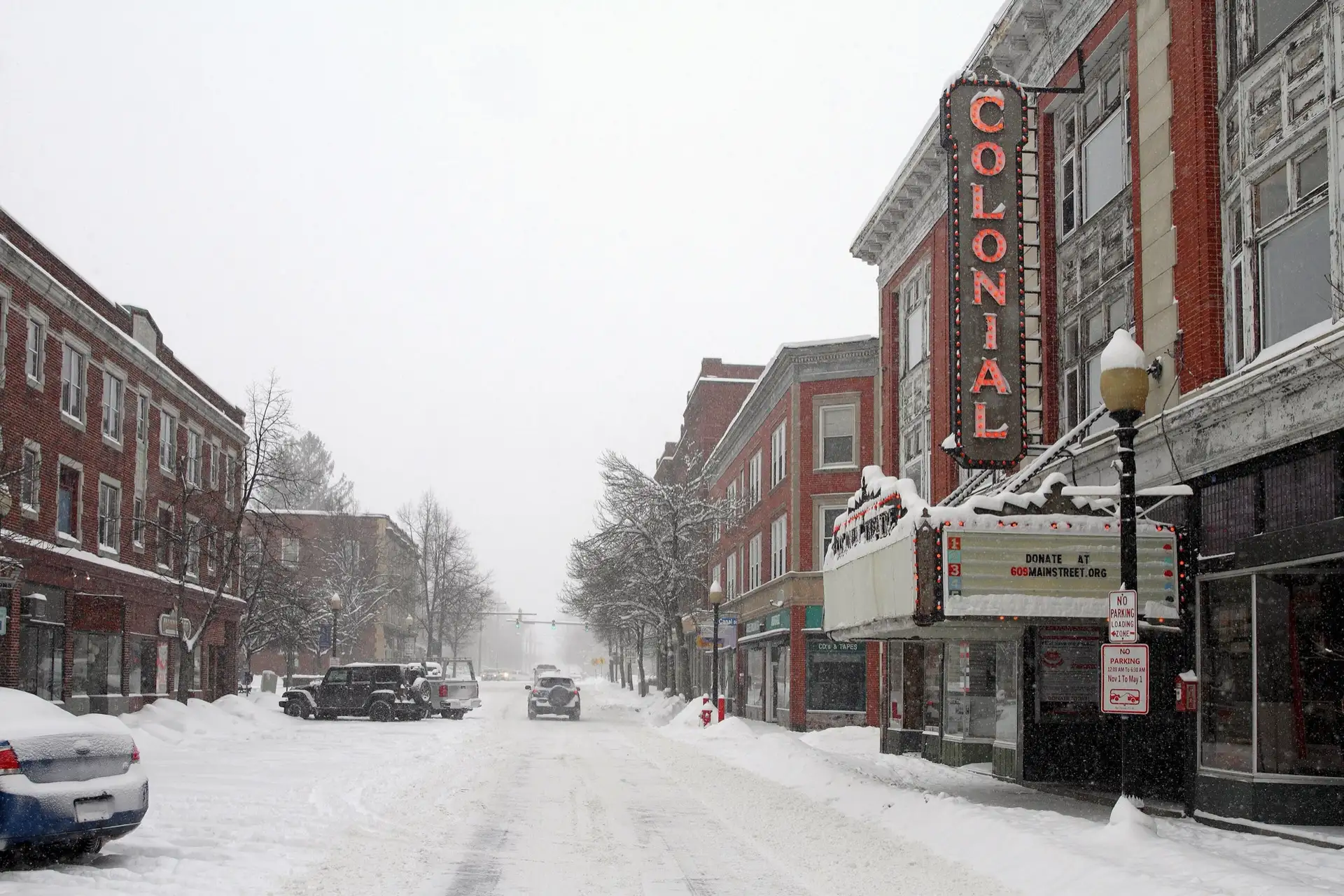 Main street in Laconia, New Hampshire, during a snowstorm.