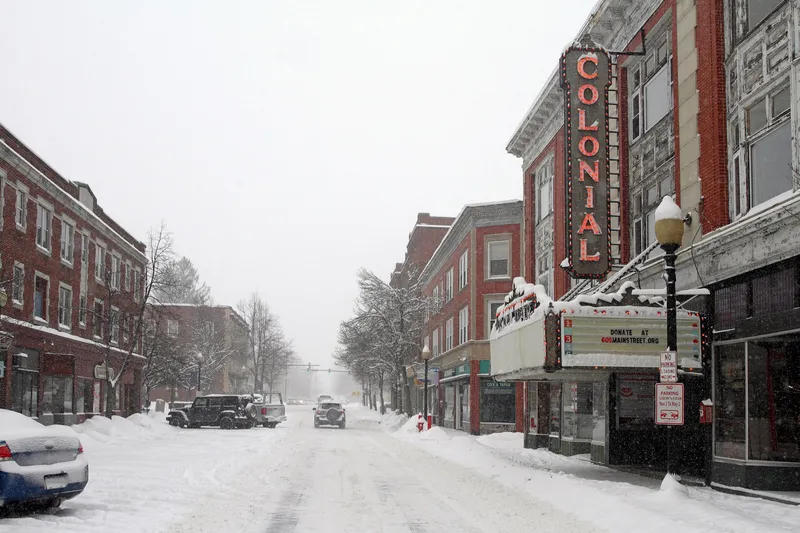 Main street in Laconia, New Hampshire, during a snowstorm.
