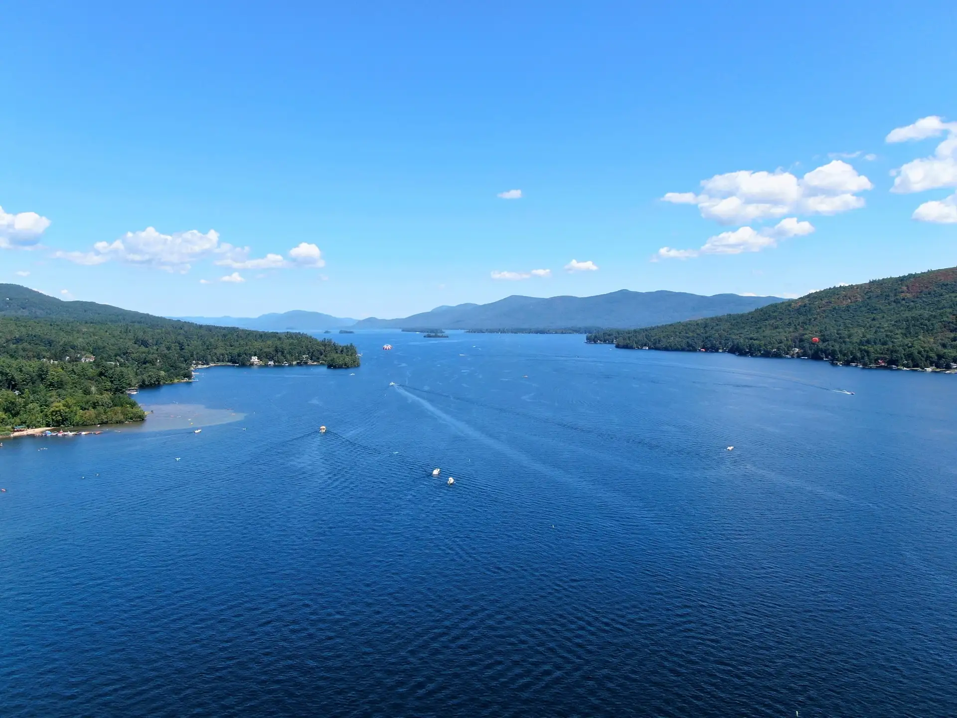 Aerial view of Lake George, New York, looking north, 2025.