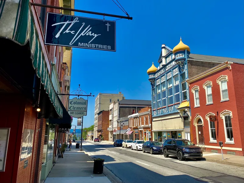 Looking southwest along Main Street from just past the corner of South Alexandria Street in downtown Latrobe, Pennsylvania in June 2021.