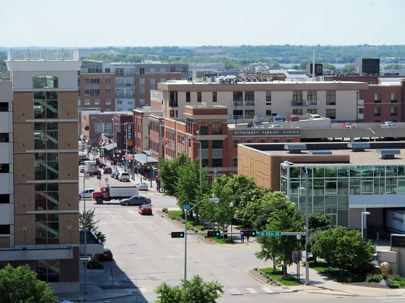 Aerial view of the old Haymarket and West Haymarket, Lincoln, Nebraska, USA