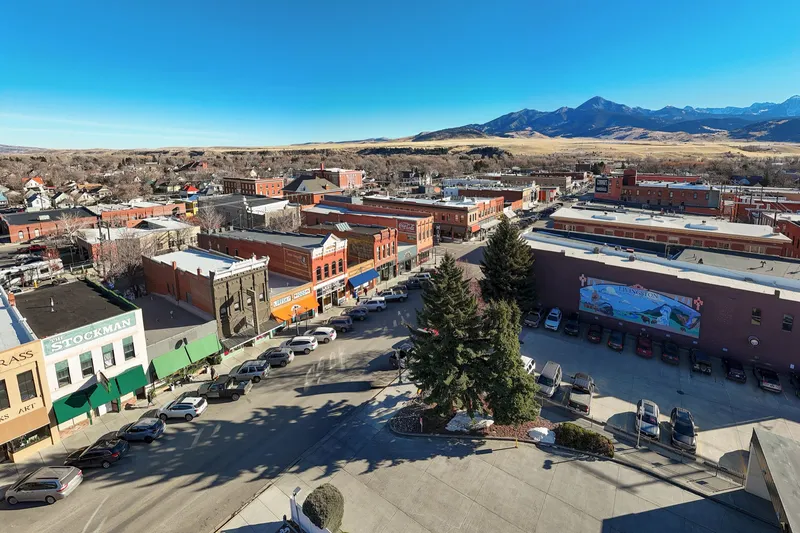 Aerial view of downtown Livingston, Montana (8,040).