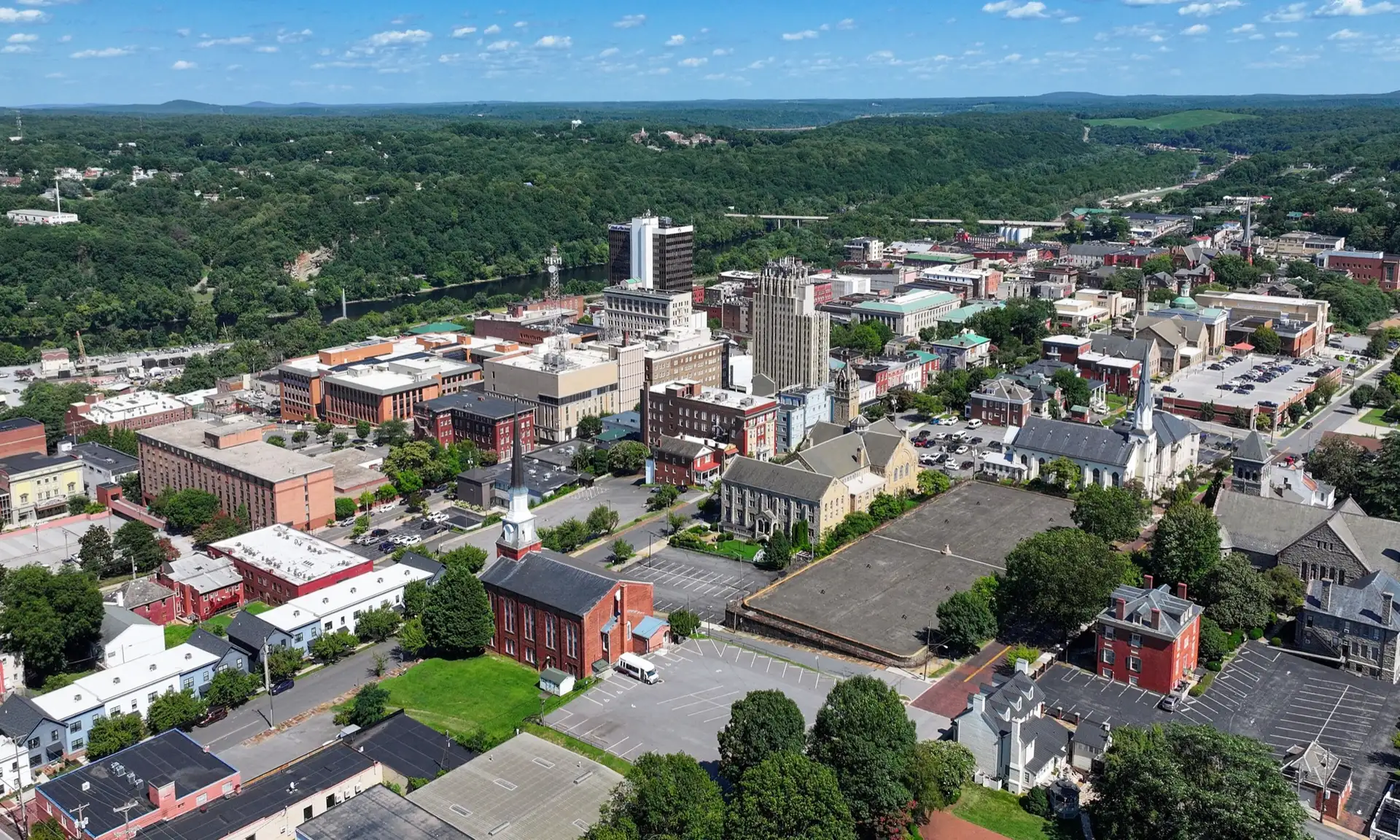 Aerial view of Lynchburg, Virginia (pop. 79,009).