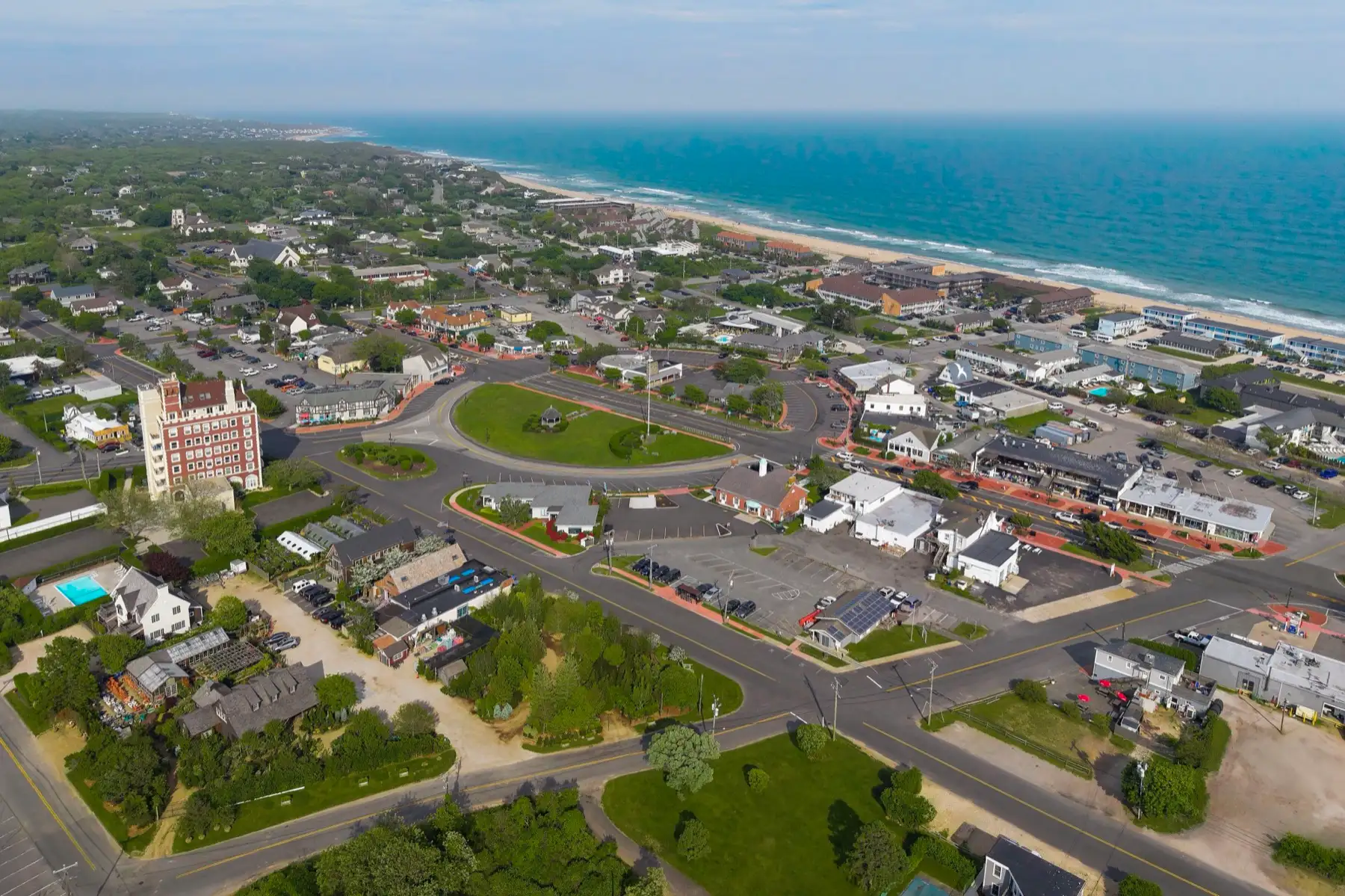Aerial view of downtown Montauk, New York (pop. 4,318), the easternmost village on Long Island.
