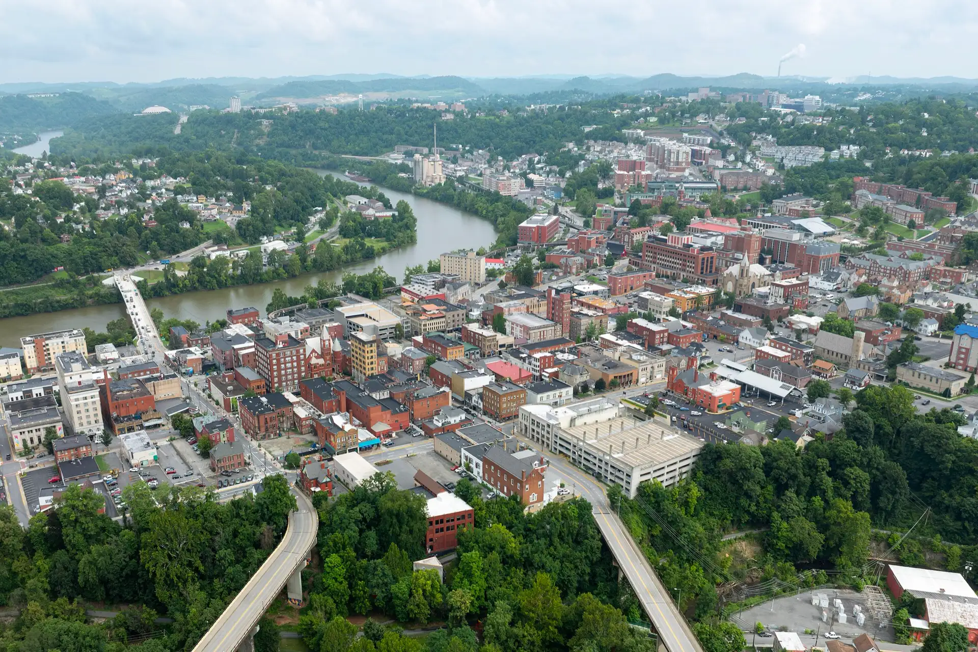 Aerial view of Morgantown, West Virginia, a city of 30,347 residents along the Monongahela River, home to West Virginia University.