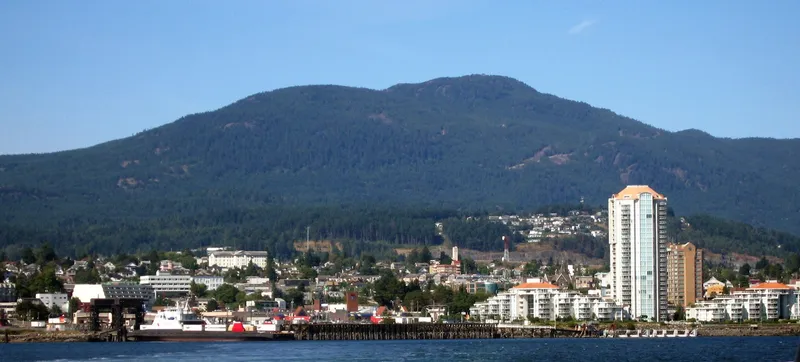 The skyline of Nanaimo, British Columbia. Mount Benson in the background.
