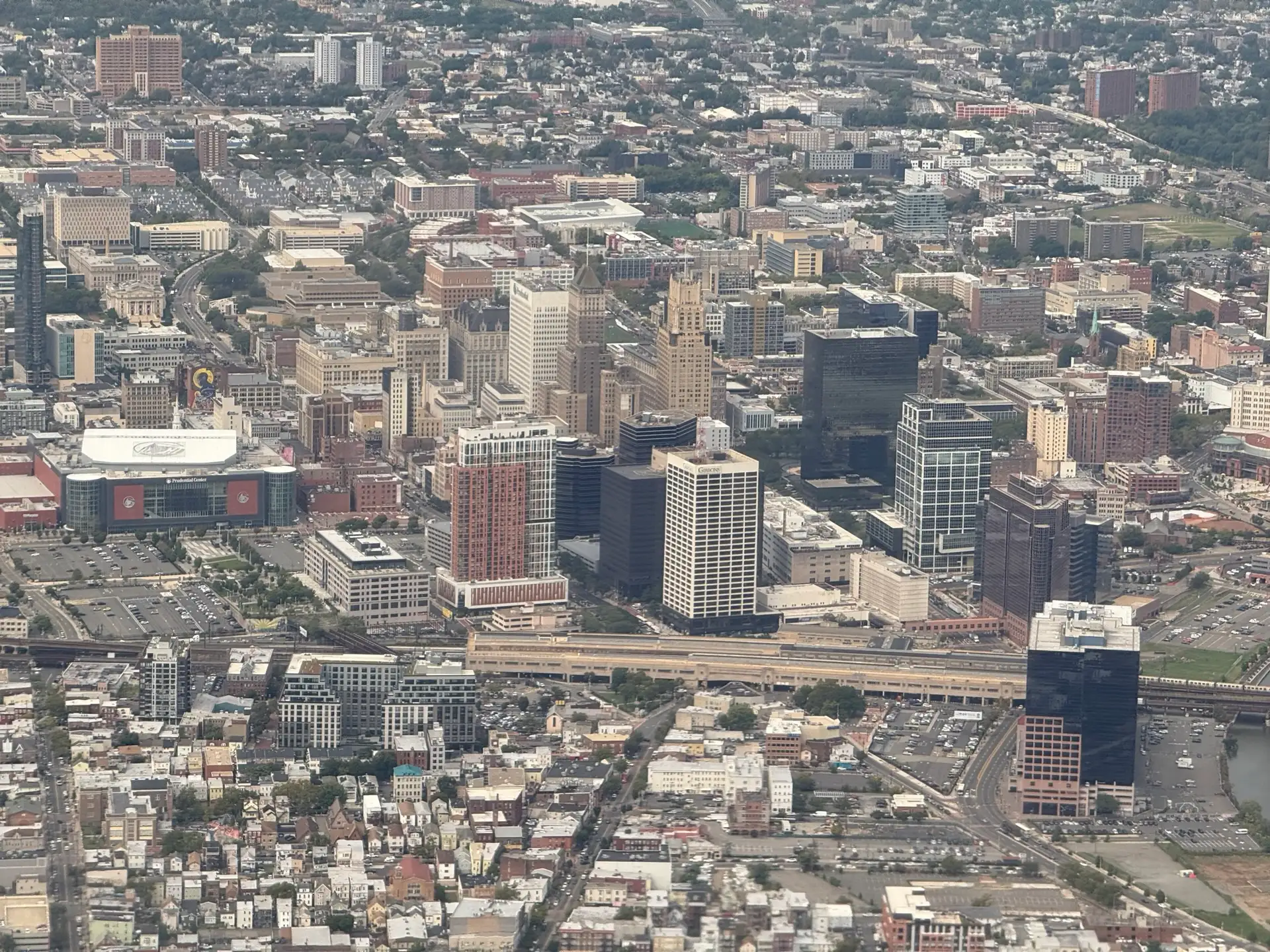 Aerial view of downtown in Newark, Essex County, New Jersey from an aircraft which just departed from Newark Liberty International Airport