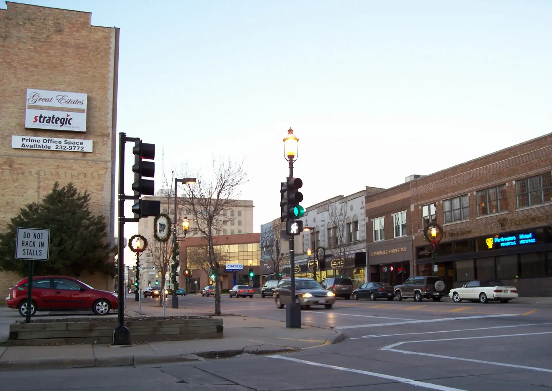 Looking northerly at downtown Oshkosh, Wisconsin, USA at Main Street which is U.S. Highway 45. Cropped from the original.