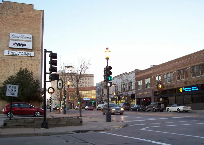 Looking northerly at downtown Oshkosh, Wisconsin, USA at Main Street which is U.S. Highway 45. Cropped from the original.