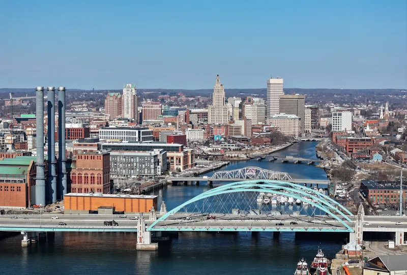 Skyline of Providence, Rhode Island, USA with a view of Providence River Bridge
