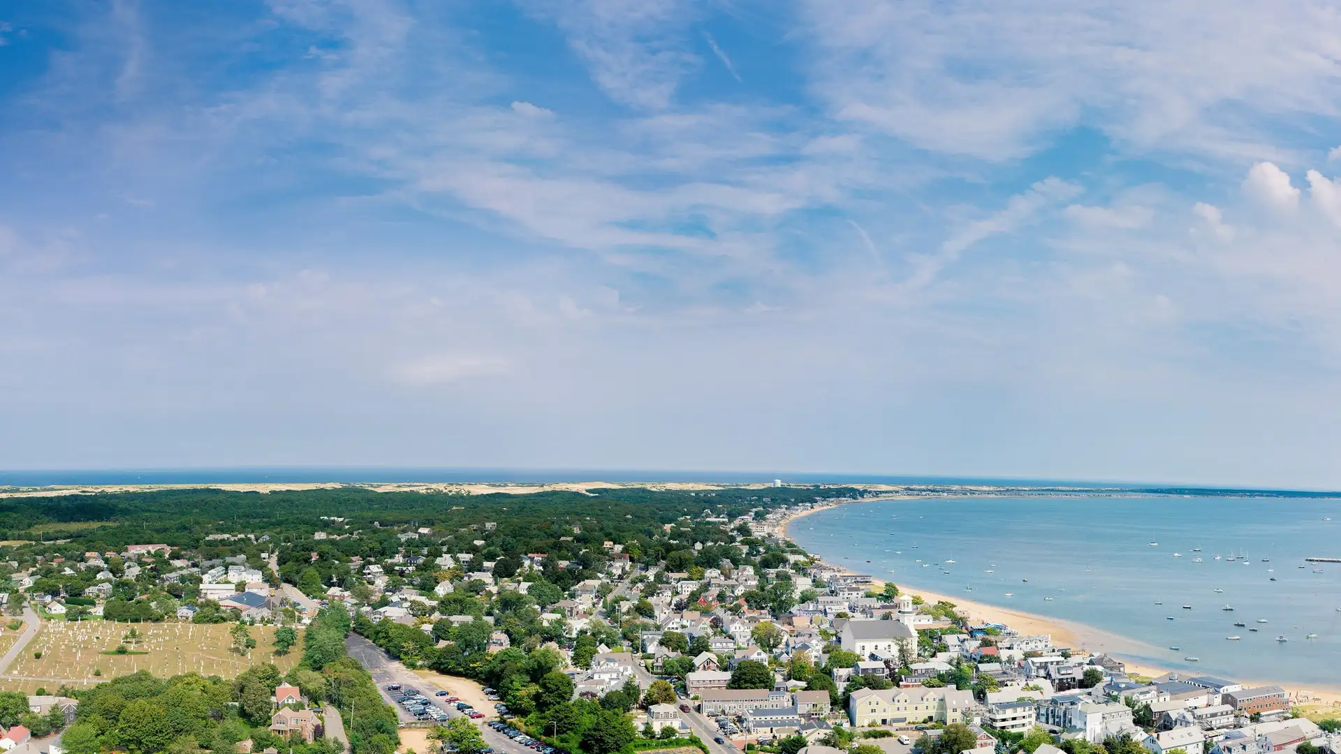 View of Provincetown from Pilgrim Monument looking east, MA, USA - Sept, 2013