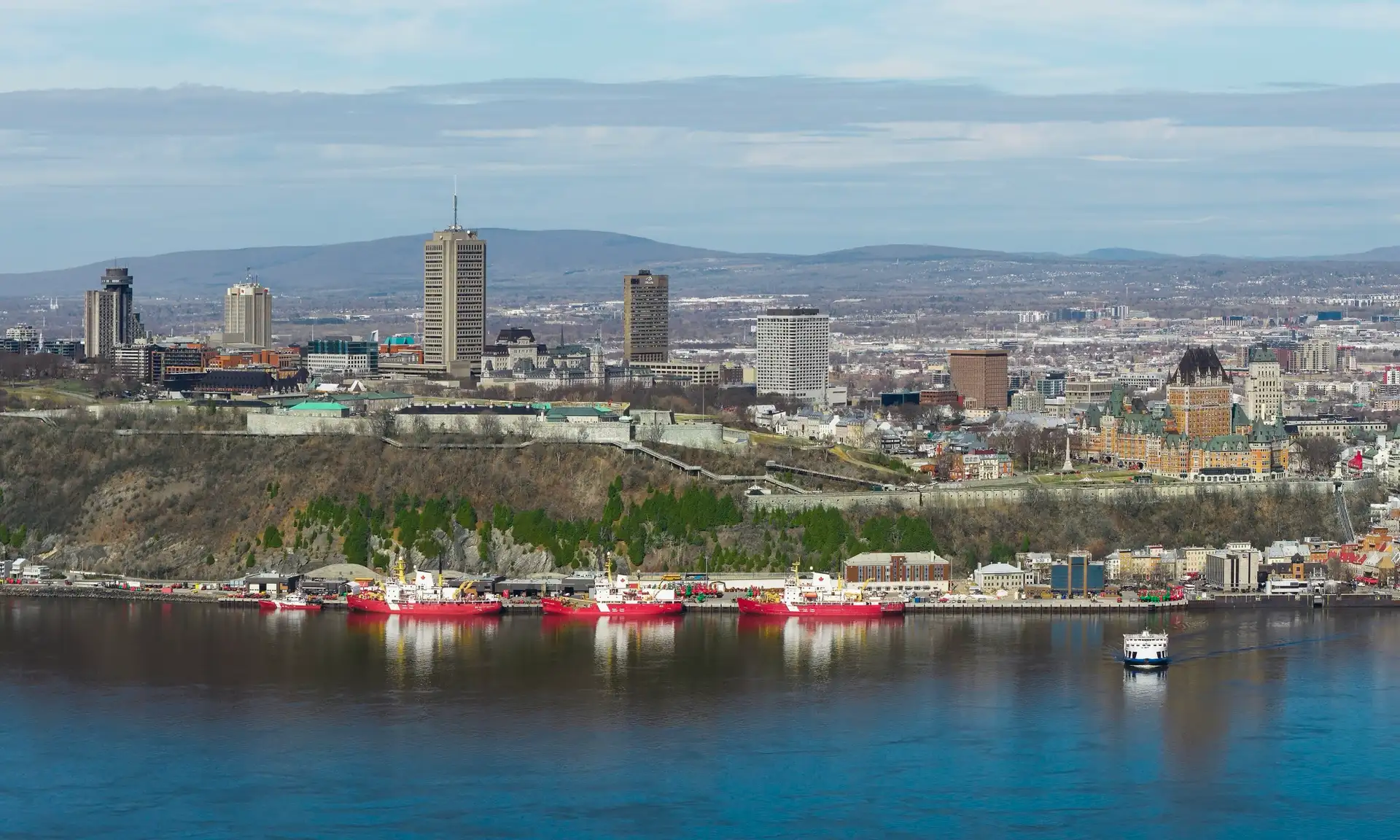 Skyline of Quebec City viewed across the St. Lawrence River from Lévis, Quebec.