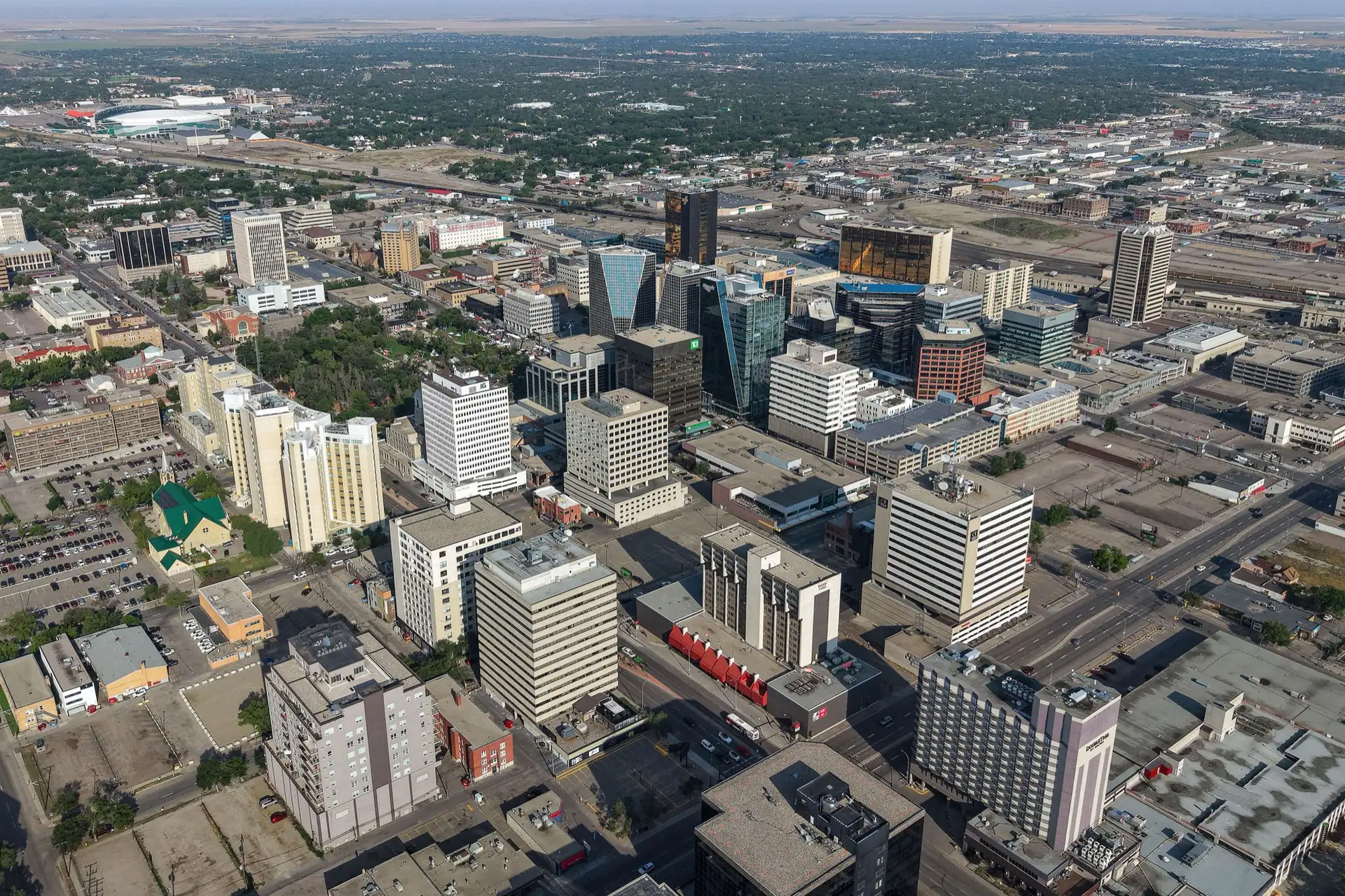 Aerial view of downtown Regina, Saskatchewan, the provincial capital and a prairie city of 226,404 residents.