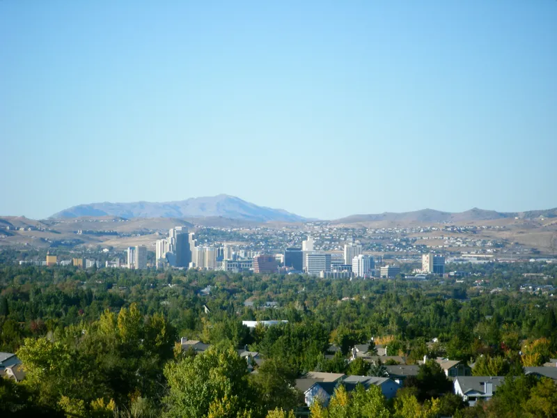 Skyline of Reno, Nevada. Camera is looking north towards downtown from Audrey Harris Park on Lakeside Drive.