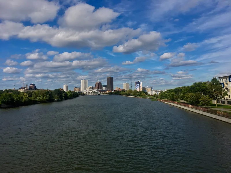 The Genesee River and the downtown skyline as seen from the Ford Street Bridge, Rochester, New York.