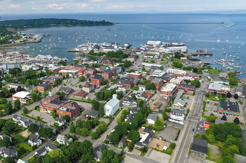 Aerial view of Rockland, Maine, a city of 6,936 residents known for its lobster industry and ferry service to the islands of Penobscot Bay.