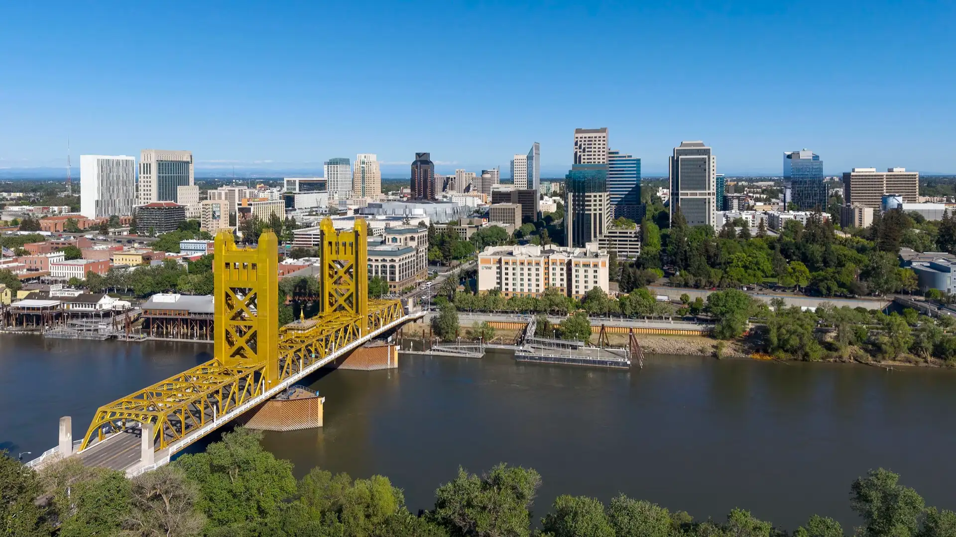 The skyline of downtown Sacramento (pop. 524,943), the capital city of California.