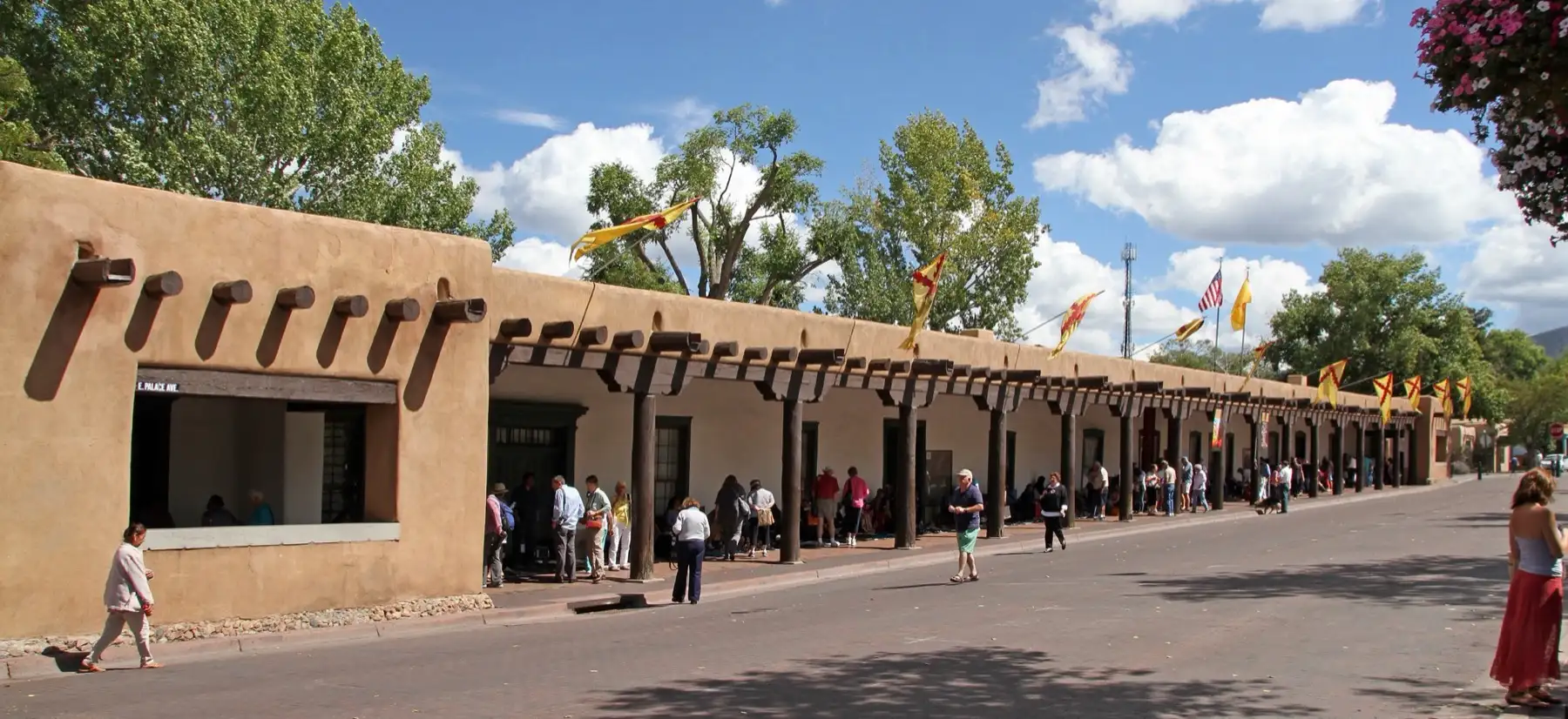 The Palace of the Governors is an adobe structure located on Palace Avenue on the Plaza of Santa Fe.