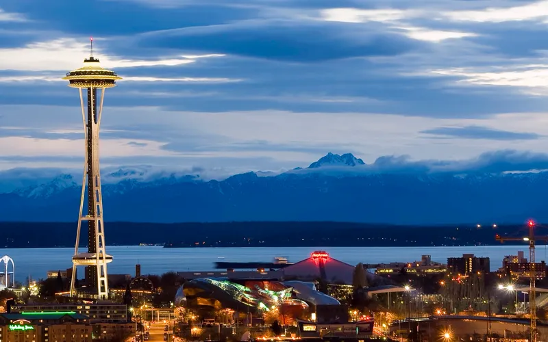 Seattle Center as night falls.