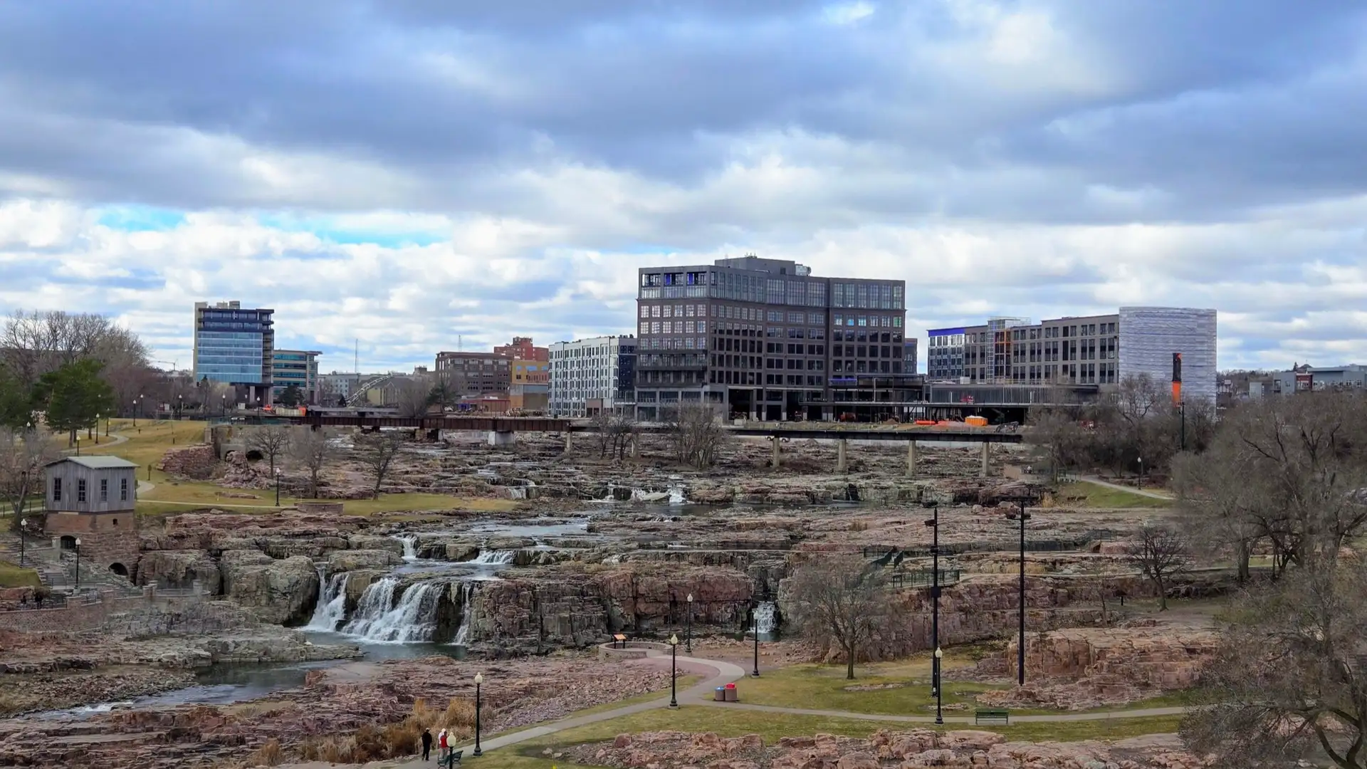 Part of downtown Sioux Falls and Falls Park on March 16, 2024, taken from the viewing tower at Falls Park
