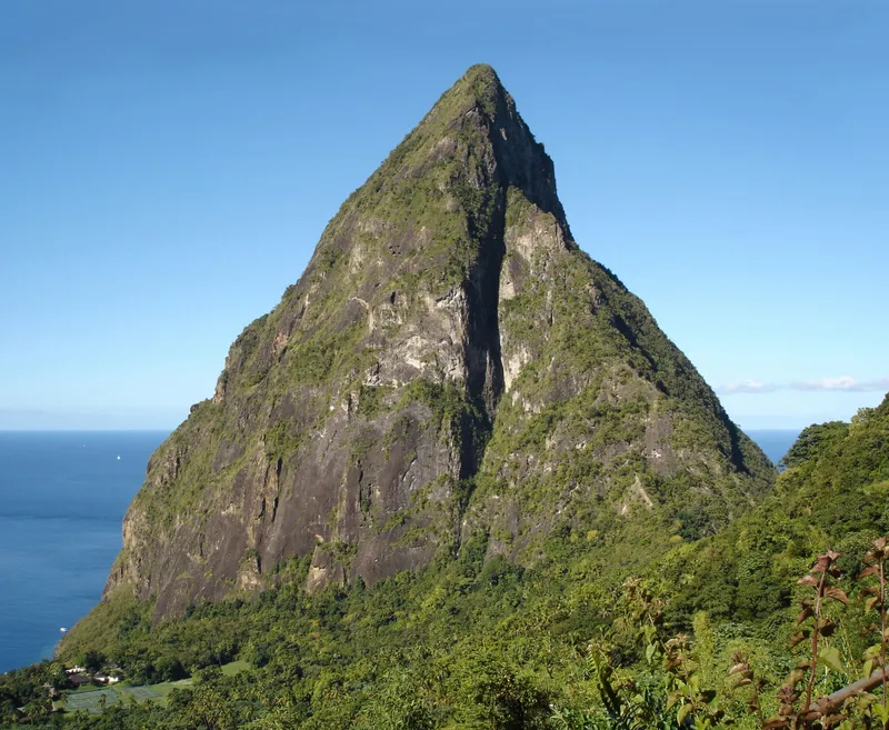 Petit Piton, St. Lucia, seen from the Ladera Hotel restaurant. UNESCO World Heritage Site.
